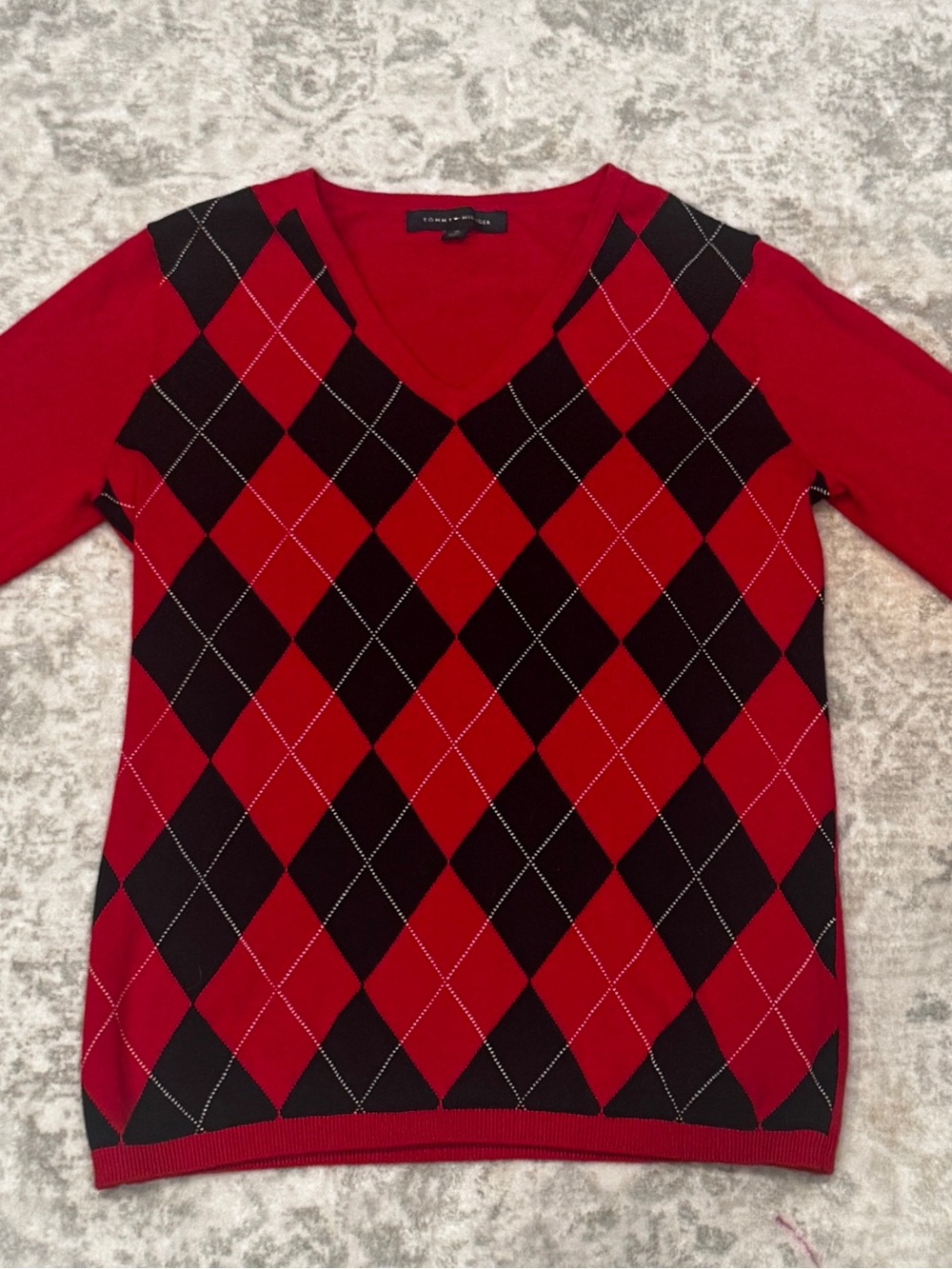 Tommy Hilfiger Red and Black Argyle V-Neck Sweater